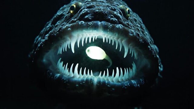 A fierce deep sea fish with glowing lure in dark depths