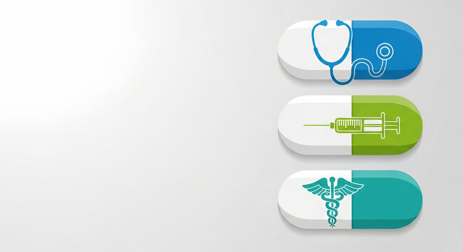 Duotone Medical Capsules with Healthcare Symbols. Ideal for pharmaceutical marketing, vaccination campaigns, clinic websites, health presentations, and medical communication materials.