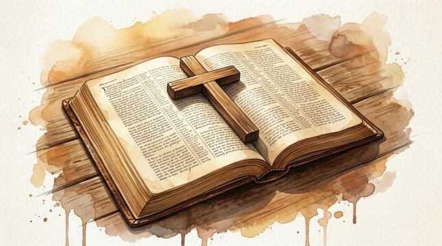 Cross on open Bible on wooden surface, digital painting illustration.