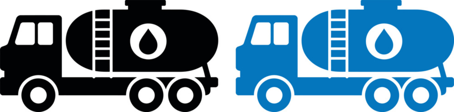 Contrast between black and blue tanker trucks carrying liquid