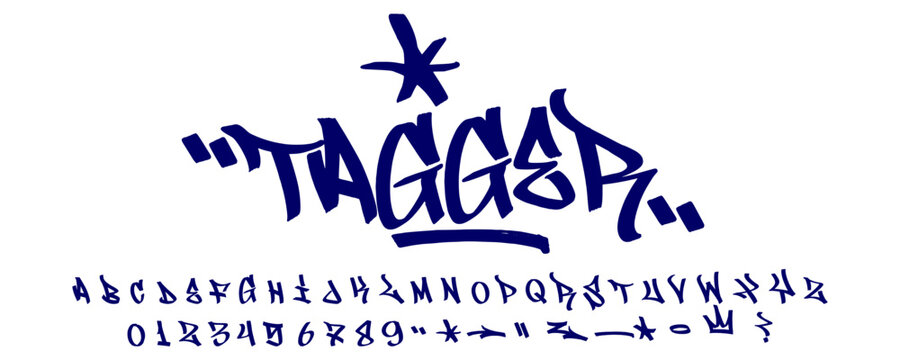 Blue Hand Style Graffiti Tagging with Tagger Font Style for Creative Urban Typography and Underground Streetwear Design Project Vector