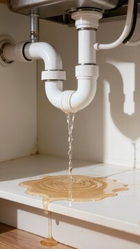 A leaky kitchen sink with water dripping from the pipes onto the countertop, creating a mess and potential damage.