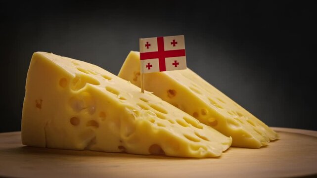 Smooth portion of hard cheese from Georgian farms and Georgia flag.
