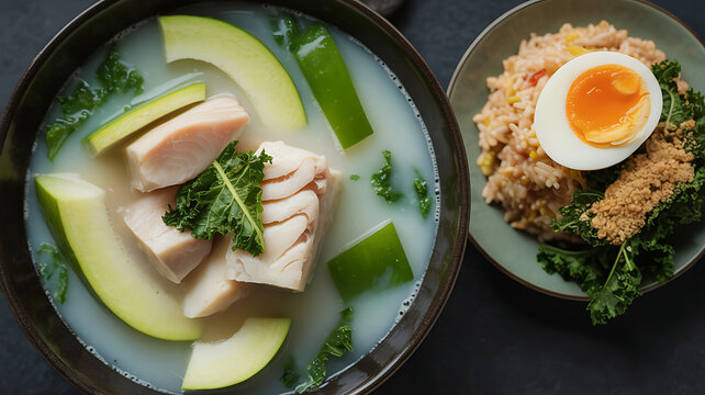 Healthy Asian fish soup with winter melon and greens served with brown rice and boiled egg for nutritious meal.
