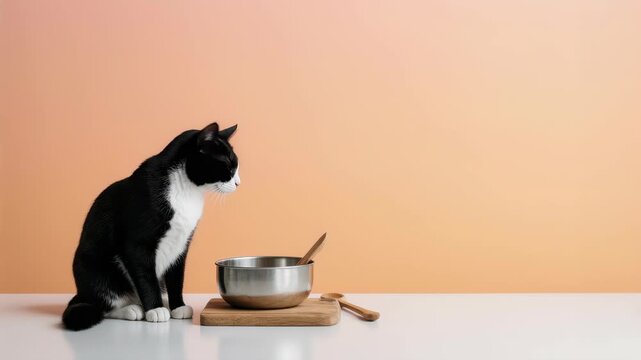 Black and white cat gazes at an empty pot with spoon