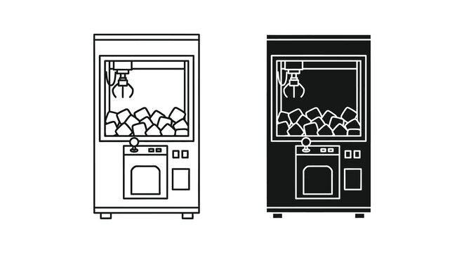 Two claw machines depicted in line art one white and one black silhouette