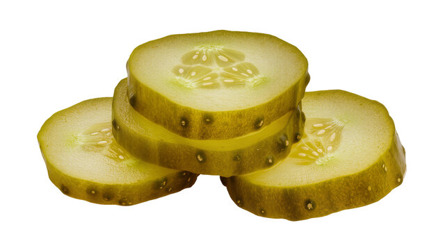 Isolated Stack of Three Delicious Green Dill Pickle Slices with Seeds and Texture
