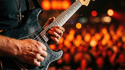 Obraz premium Man playing electric guitar at a concert wearing a cross necklace. Modern Christian music and worship, faith, and God in the contemporary world.