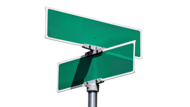 Isolated two blank green street signs pointing different ways on a metal pole for text.