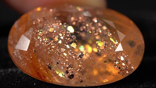 A close up view of a round sunstone gemstone