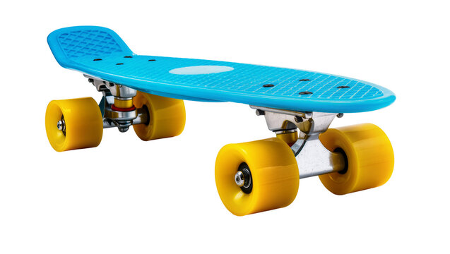 Isolated blue penny board skateboard with bright yellow wheels for urban street sport