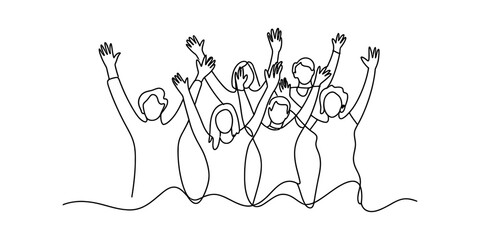 Fototapeta premium A group of diverse people with their hands raised in celebration in a continuous line art style.