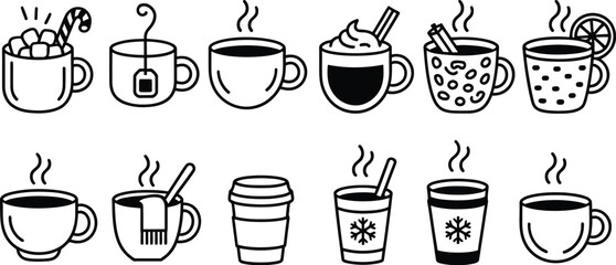 Obraz premium Cozy Hot Drinks Collection in Stylized Cups and Mugs, Warm Beverage Vector Illustration with Coffee, Tea, Cocoa, Latte, Winter Comfort Drinks Set for Cafe Menu, Web Design, and Branding