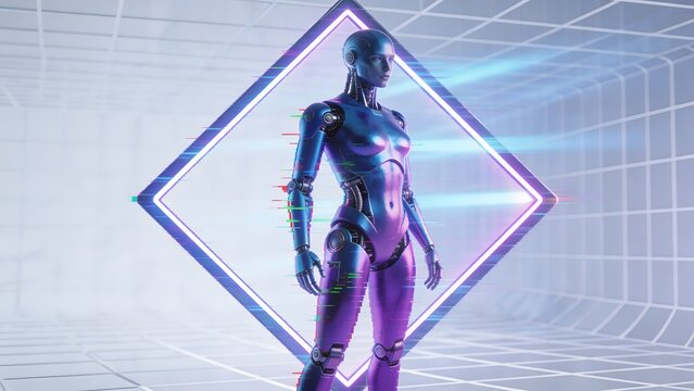 Futuristic female robot in grid room