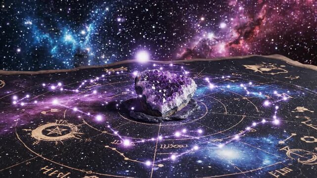 A sparkling amethyst crystal within a cosmic zodiac circle