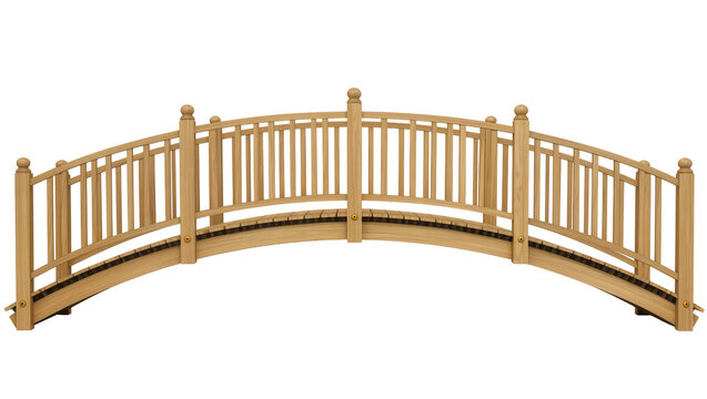 Isolated wooden garden bridge with an arched design and traditional railings for landscape decor
