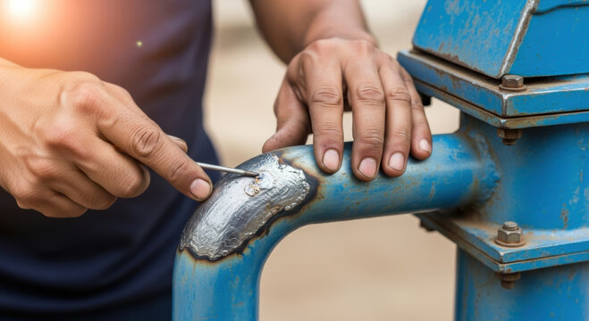 Skilled Hands of a Worker Repairing a Manual Water Pump in a Rural Setting