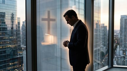 Fototapeta premium Businessman man praying with cross reflection in office window overlooking city. Modern religion and faith in God for contemporary life.