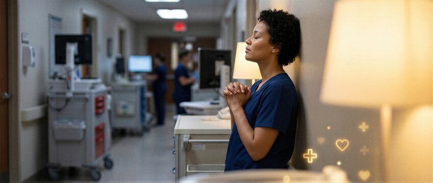 African american woman nurse praying in hospital hallway for patient health. Spiritual healthcare, faith hope, and religion in modern medicine. Banner with copy space