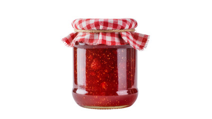 Isolated delicious homemade strawberry jam in a glass jar with a red checkered lid © Denis