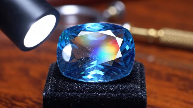 A sparkling blue gemstone reflecting light on a wooden surface