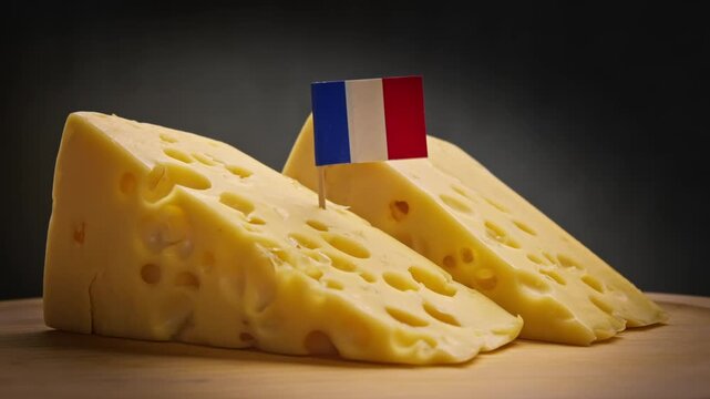 Twirling aromatic aged cheese wedge from valley pastures, wooden stand and France flag