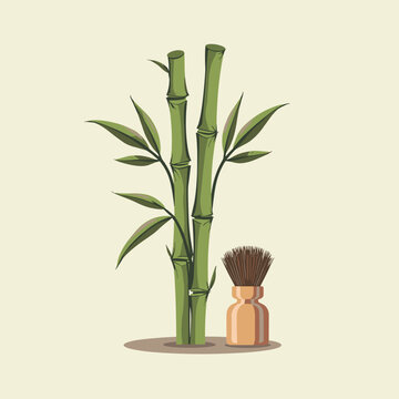 A minimalist illustration featuring green bamboo stalks with pointed leaves and a traditional wooden matcha whisk. The scene is set against a light cream background, with copy space.