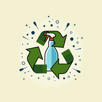 A flat graphic illustration of a blue spray bottle encircled by three green recycling arrows and decorative floating dots. This image highlights eco-friendly cleaning and sustainable packaging.