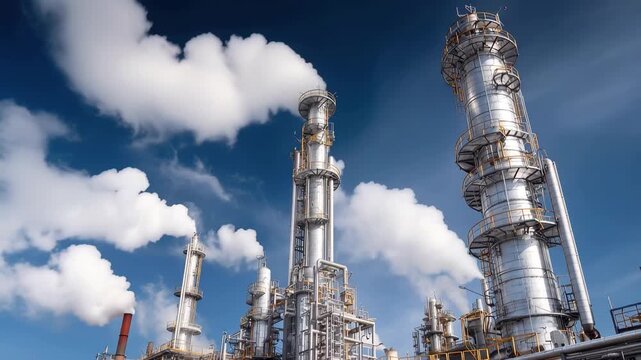 Distillation column in a modern chemical plant showing steam emission and industrial structure under a clear blue sky