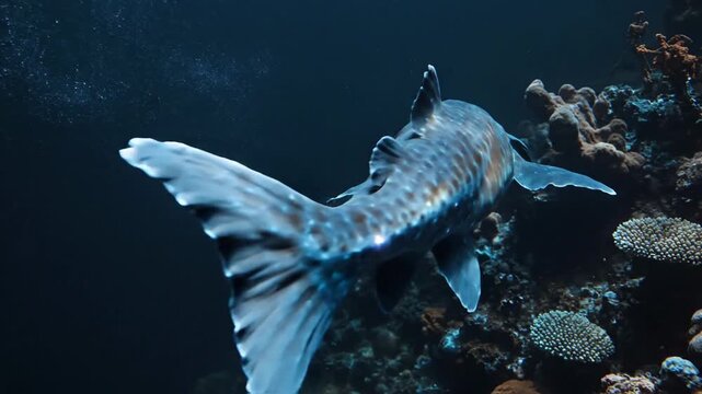 A fish swimming underwater near a coral reef in a dark setting