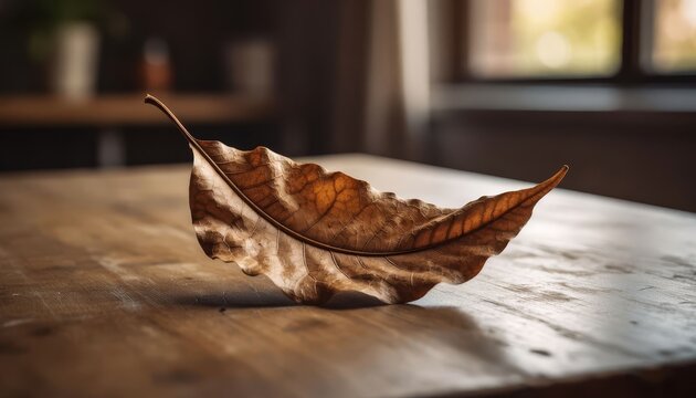A large brown leaf rests on a wooden table. Natural light highlights the leaf's texture and shape, creating a warm atmosphere in the cozy interior.