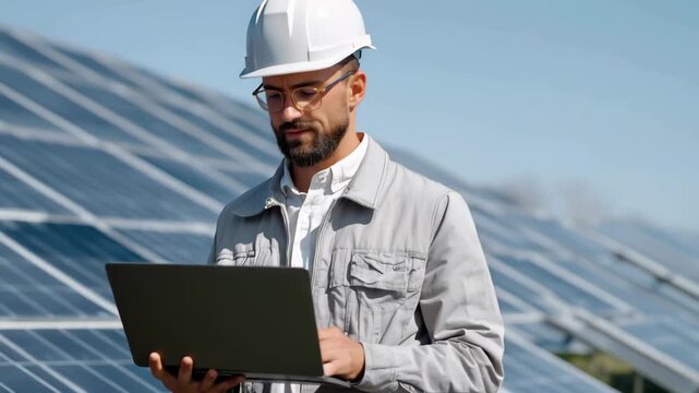 Professional engineer conducts analysis by solar panels at renewable energy site in bright daylight