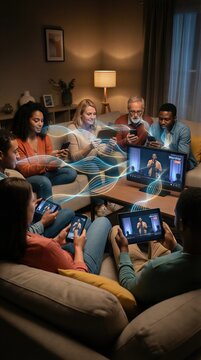 Diverse group of men and women watching online church service on multiple devices at home. Modern religion and faith connection concept.
