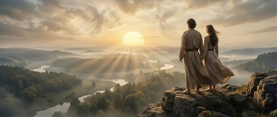 Fototapeta premium Adam and Eve standing on cliff at sunrise overlooking the Garden of Eden. Biblical scene of creation and paradise. Spiritual landscape with angels in sky. Faith and religious. Banner with copy space