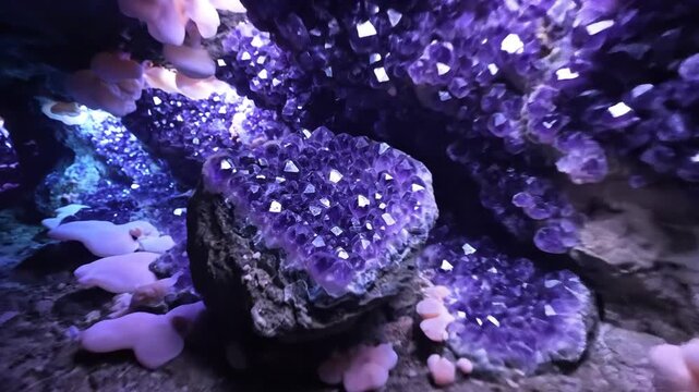 A Geode Displaying Amethyst Crystals Underneath Dark Interior