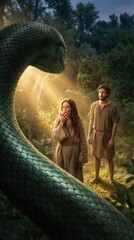 Naklejka premium Adam and Eve in the Garden of Eden with a serpent. Woman holding an apple as a man stands beside her. Biblical story of creation, temptation, fall of man, and original sin narrative.