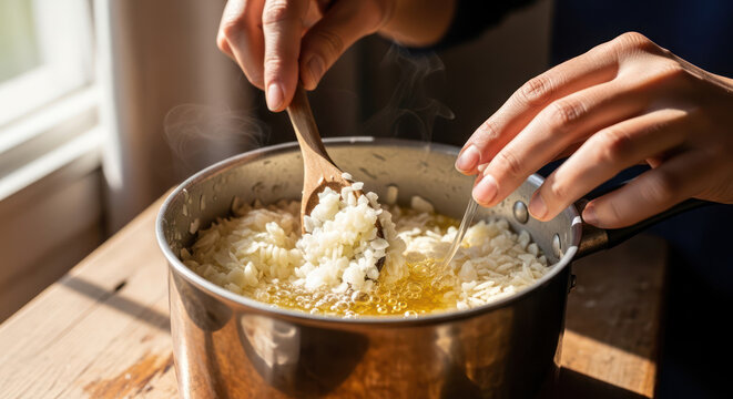 Wax Flakes Being Stirred in a Pot to Make Homemade Candles