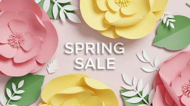 Spring sale banner with paper flowers and pastel background pink and yellow floral arrangement with green leaves, delicate petals and centered typography for seasonal retail promotion