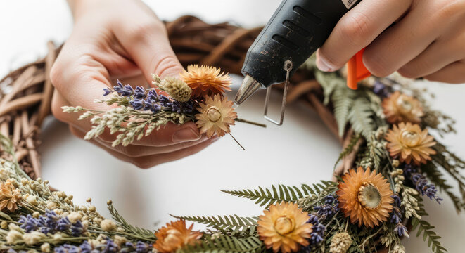 Hands Gluing Dried Flowers Onto a Rustic Willow Wreath for Seasonal Decor