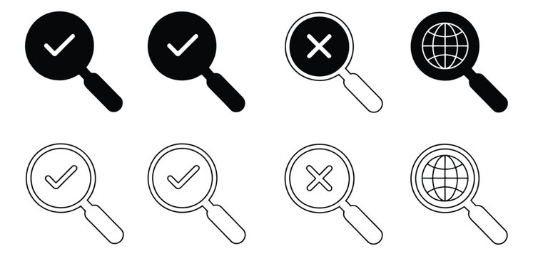 Search icon vector set, magnifier symbols in multiple styles, clean flat and outline design representing search, discovery, and find functionality for apps, websites, and UI interfaces.