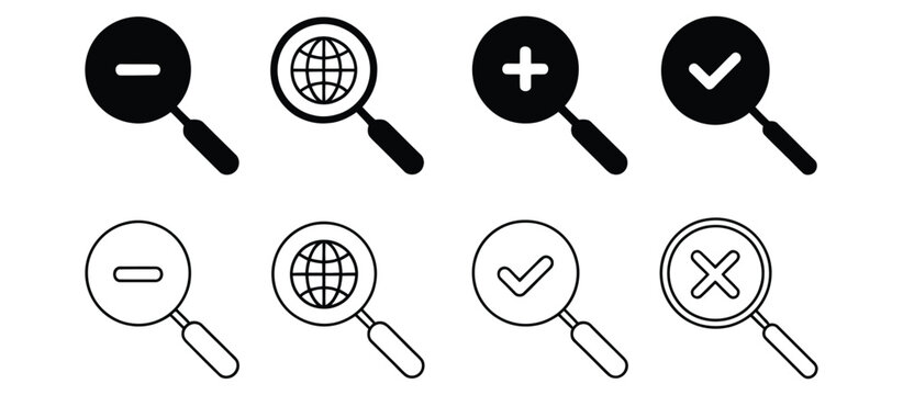 Search icon vector set, magnifier symbols in multiple styles, clean flat and outline design representing search, discovery, and find functionality for apps, websites, and UI interfaces.