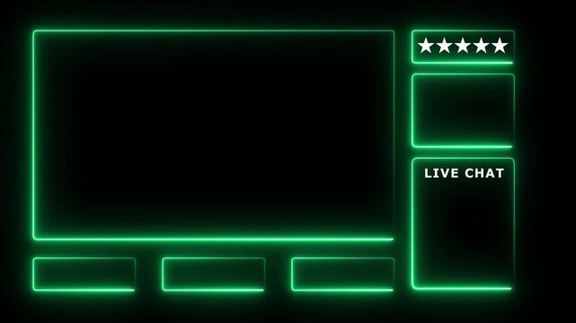 Neon glowing animated intermission stream overlay with hud facecam border, chat frame design for live broadcast visuals. green color on black background. 4k video.
