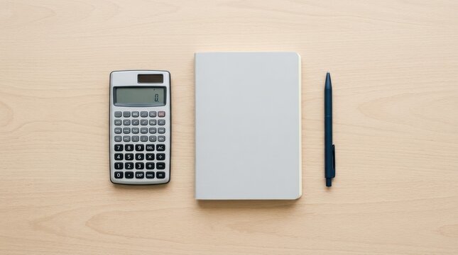 Top view of calculator notebook and pen aligned precisely on a light surface with soft diffused lighting creating a clean and