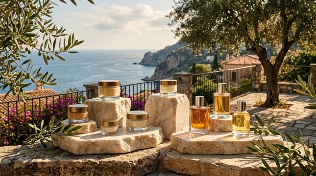 Premium cosmetic jars and fragrance flacons displayed on sculpted marble blocks outdoors on a sunlit terrace with olive branches,