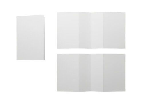 Blank white trifold brochure mockup, folded and open, for A4 or US letter design. Isolated on transparent background, png