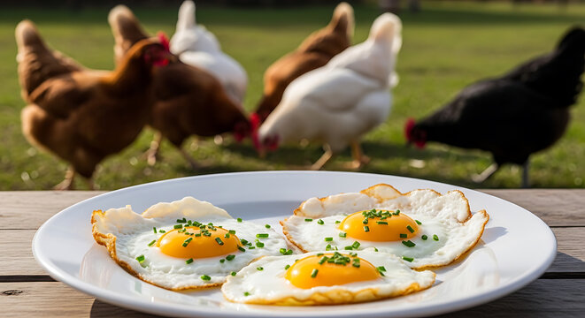 Fried eggs and foraging chickens create a rustic farm fresh scene on transparent background
