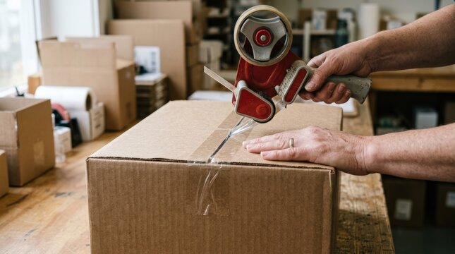 A hand sealing a cardboard box with tape under soft light creating a practical shipping moment with natural gesture and realistic