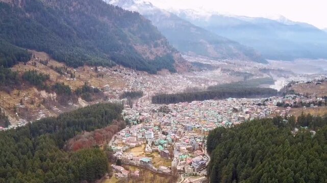 Manali Hill Station View with Beas River and Deodar Tree Forest