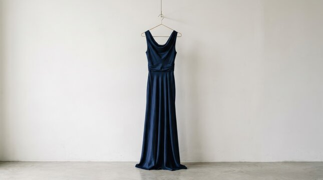 Minimal setup with a single luxury garment draped elegantly on a hanger against a plain background with gentle light and subtle