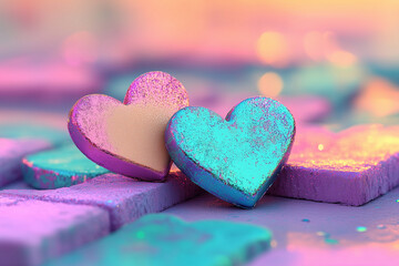 Obraz premium Iridescent Pastel Heart Background with Glossy Pearlescent Texture, Soft Gradient Light, Holographic Reflections and Dreamy Bokeh, Romantic Love Design for Valentine, Wedding and Social Media